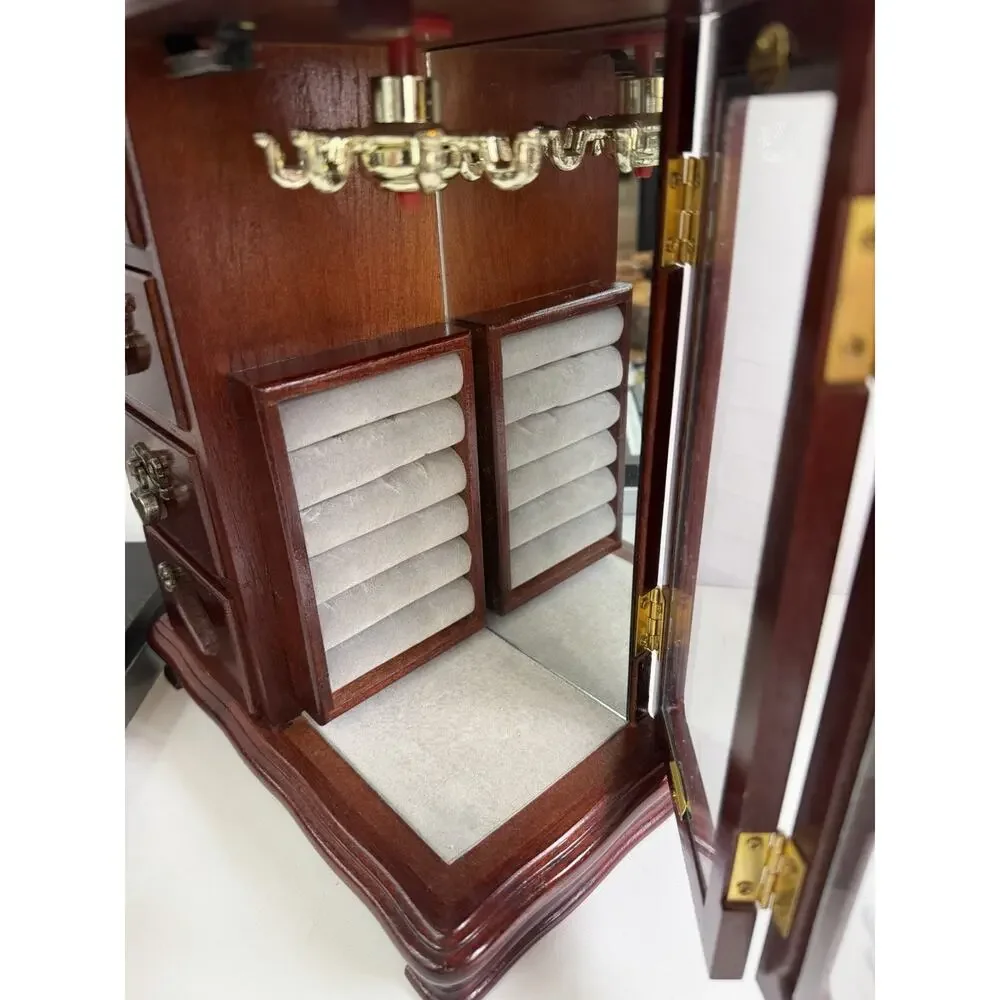 Vintage Wooden Jewelry Armoire Box Mahogany Glass Door w/ 4 drawers Grannycore